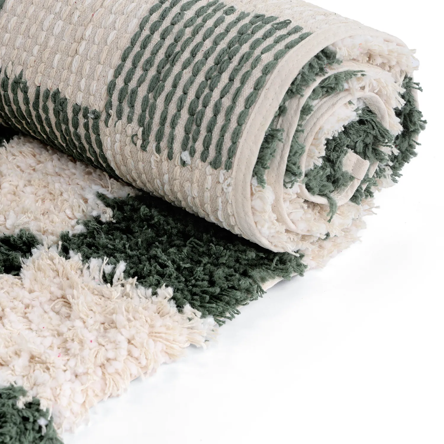 Hoogpolig vloerkleed - Methoni Check Cotton Shaggy (crème/groente)