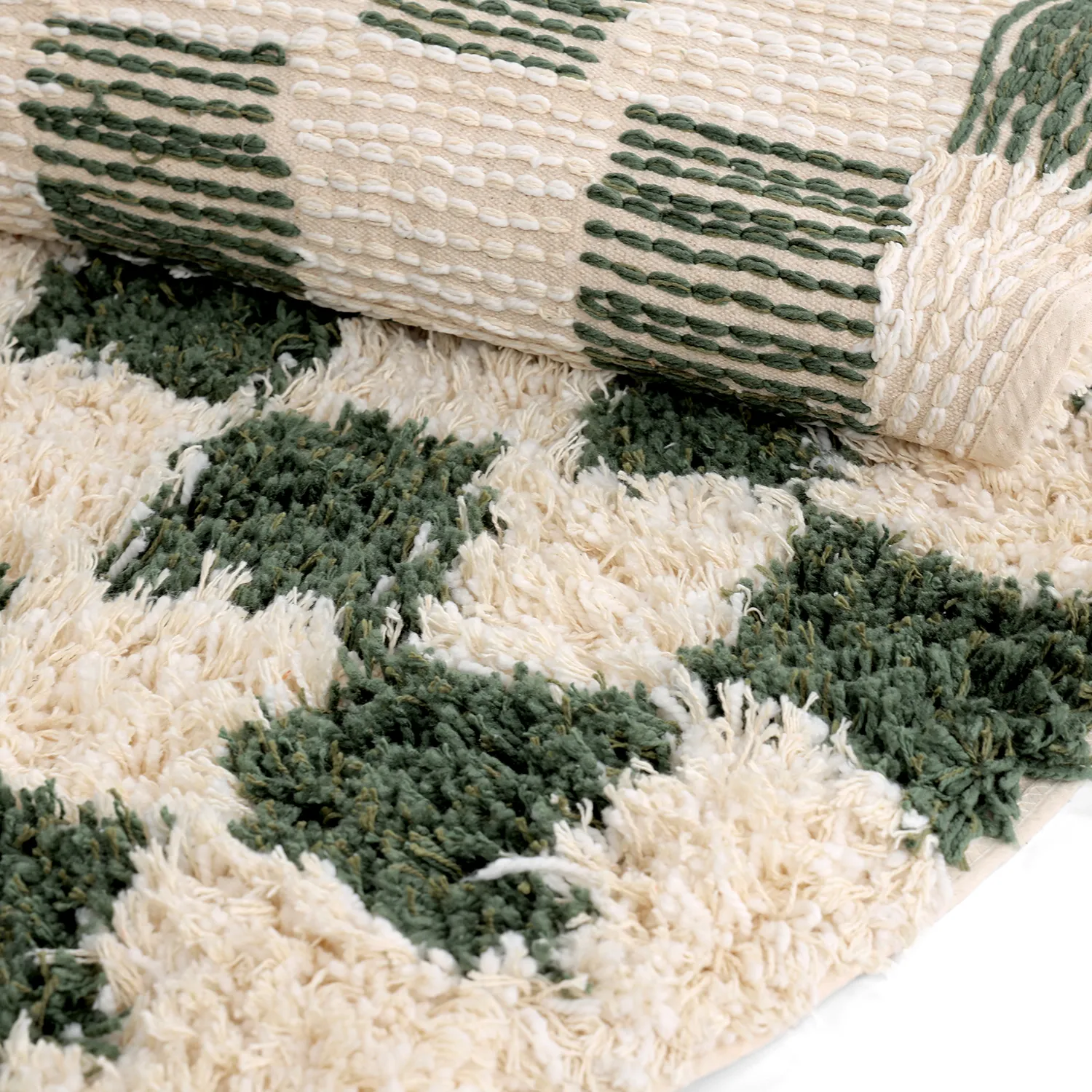 Rond vloerkleed - Methoni Check Cotton Shaggy (crème/groente)