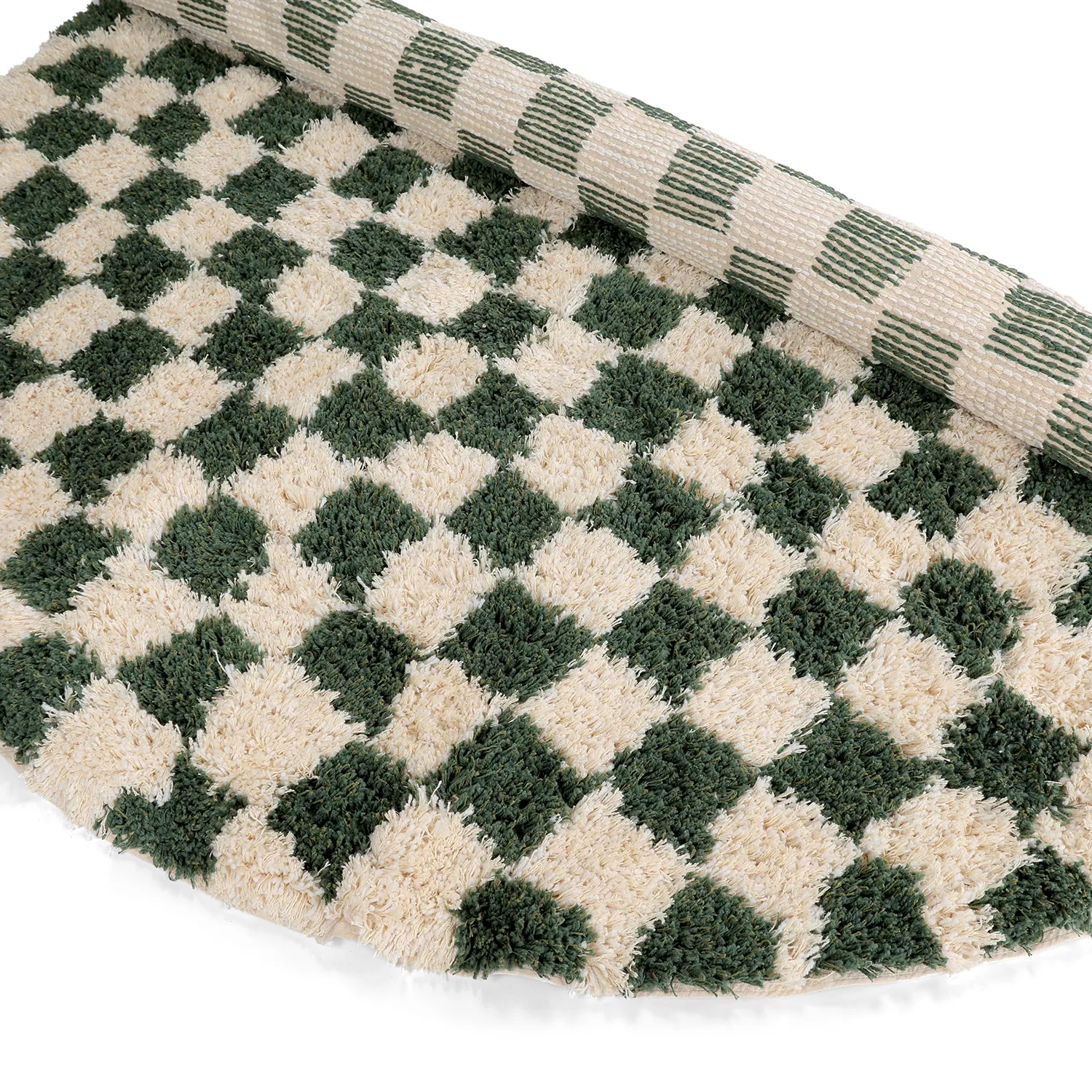 Rond vloerkleed - Methoni Check Cotton Shaggy (crème/groente)