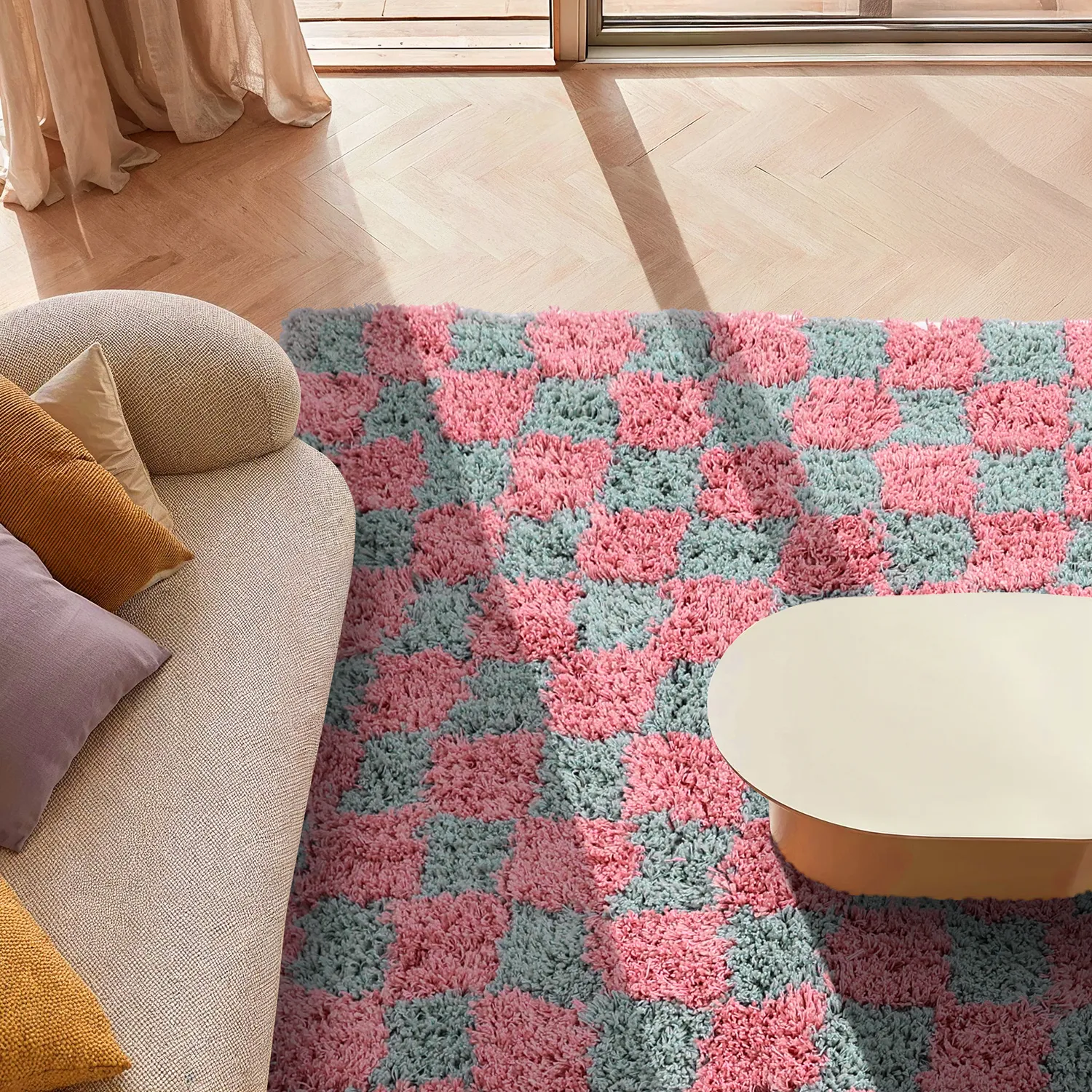 Hoogpolig vloerkleed - Methoni Check Cotton Shaggy (lichtblauw/lichtroze)