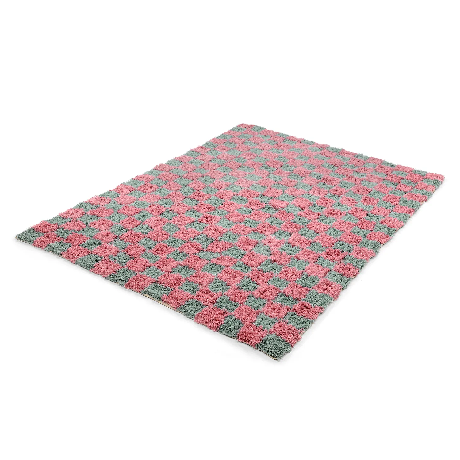 Hoogpolig vloerkleed - Methoni Check Cotton Shaggy (lichtblauw/lichtroze)