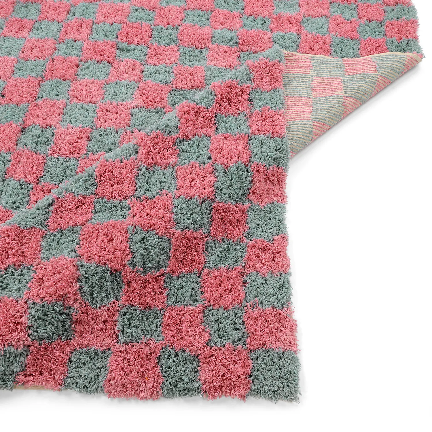 Hoogpolig vloerkleed - Methoni Check Cotton Shaggy (lichtblauw/lichtroze)