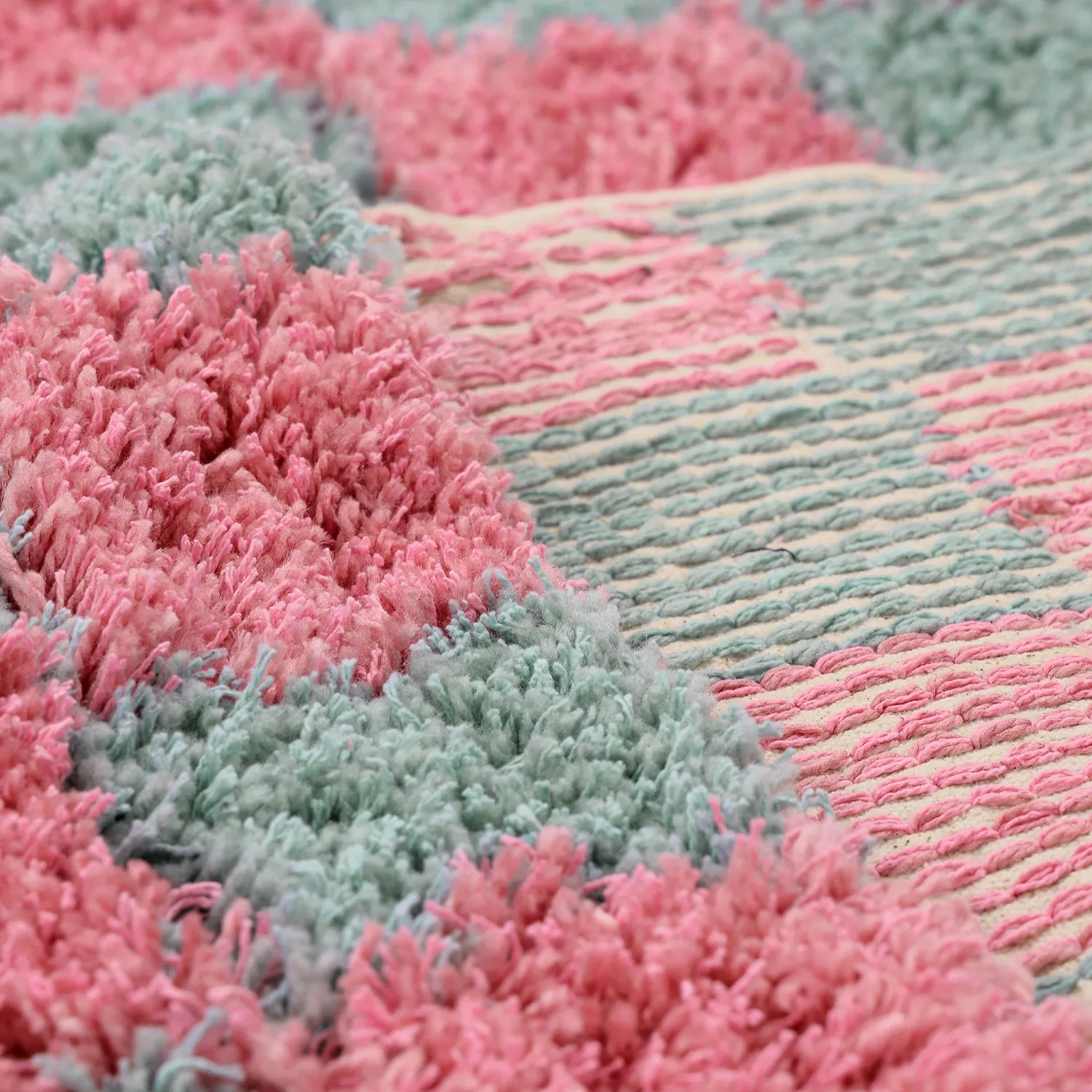 Hoogpolig vloerkleed - Methoni Check Cotton Shaggy (lichtblauw/lichtroze)