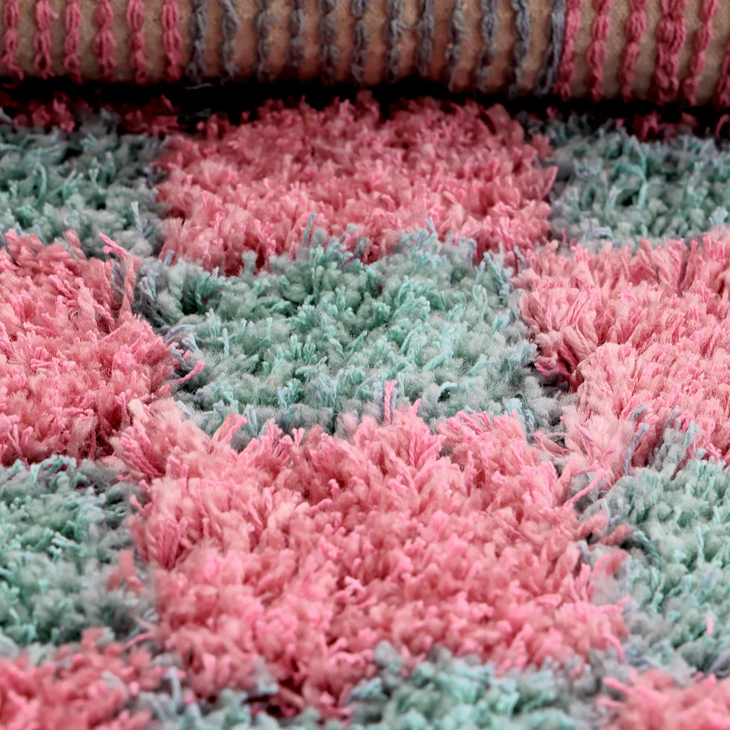 Hoogpolig vloerkleed - Methoni Check Cotton Shaggy (lichtblauw/lichtroze)