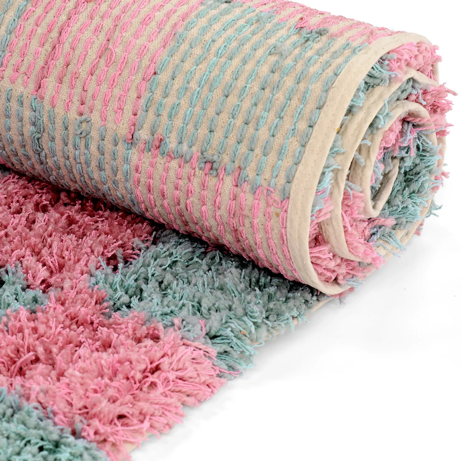 Hoogpolig vloerkleed - Methoni Check Cotton Shaggy (lichtblauw/lichtroze)