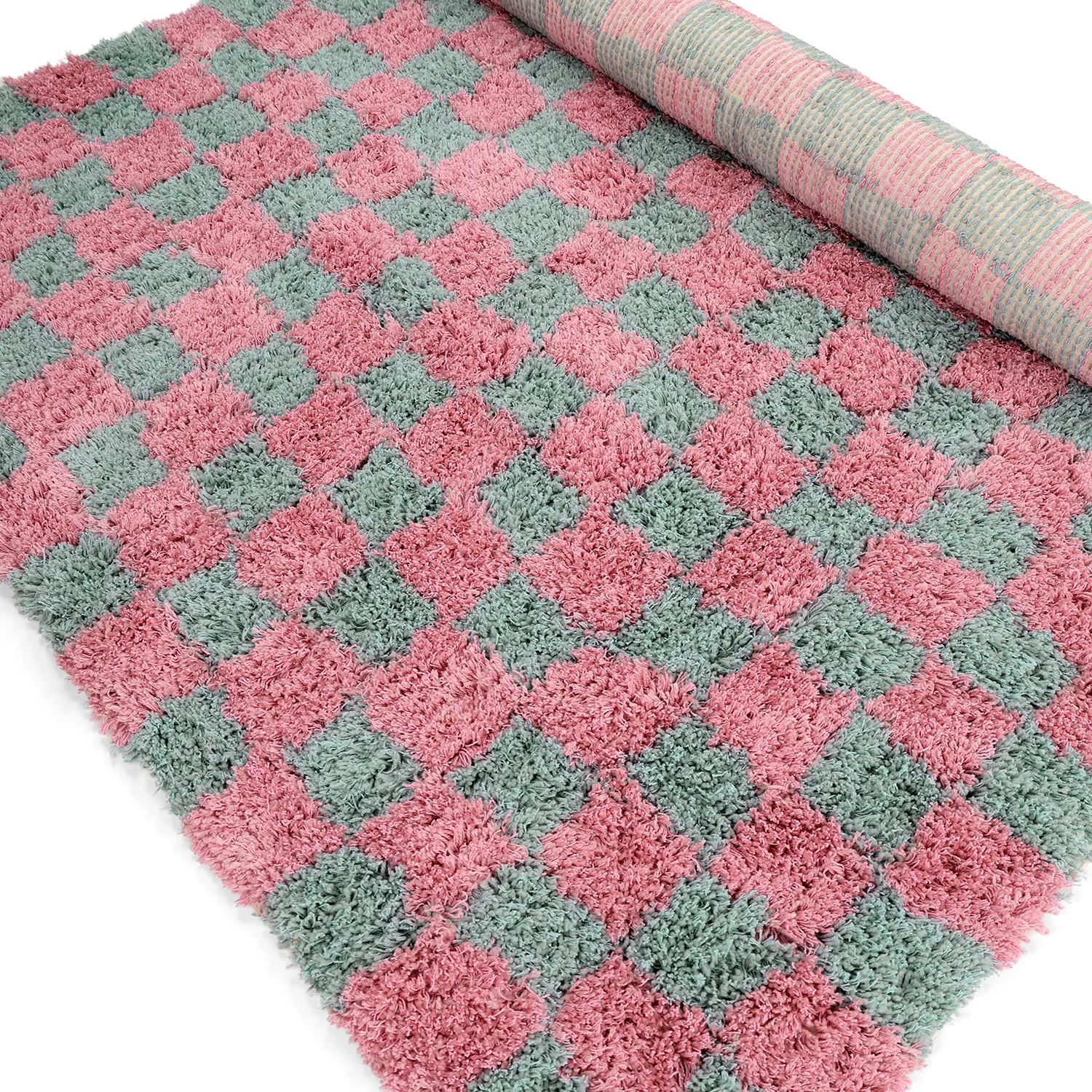 Hoogpolig vloerkleed - Methoni Check Cotton Shaggy (lichtblauw/lichtroze)