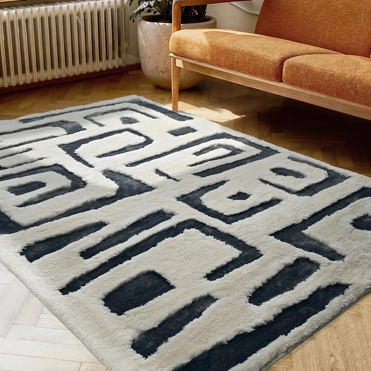 Hoogpolig vloerkleed - Palmyra (wit/marineblauw)