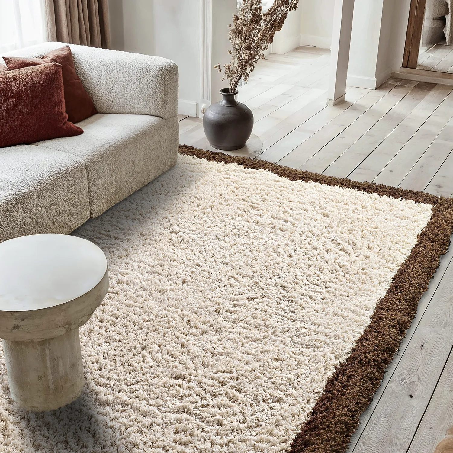 Hoogpolig vloerkleed - Sagres Natural Cotton Shaggy (off-white/bruin)