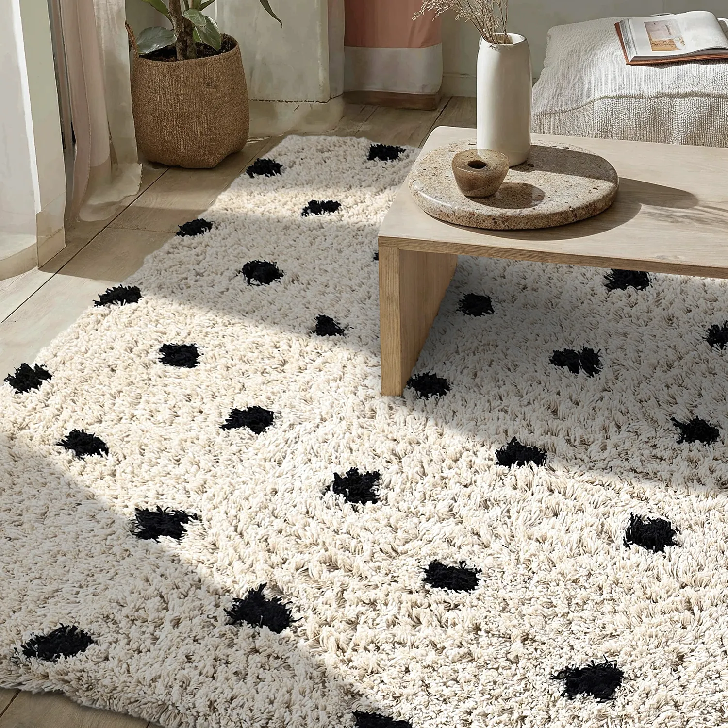 Hoogpolig vloerkleed - Soria Natural Cotton Shaggy (off-white/zwart)