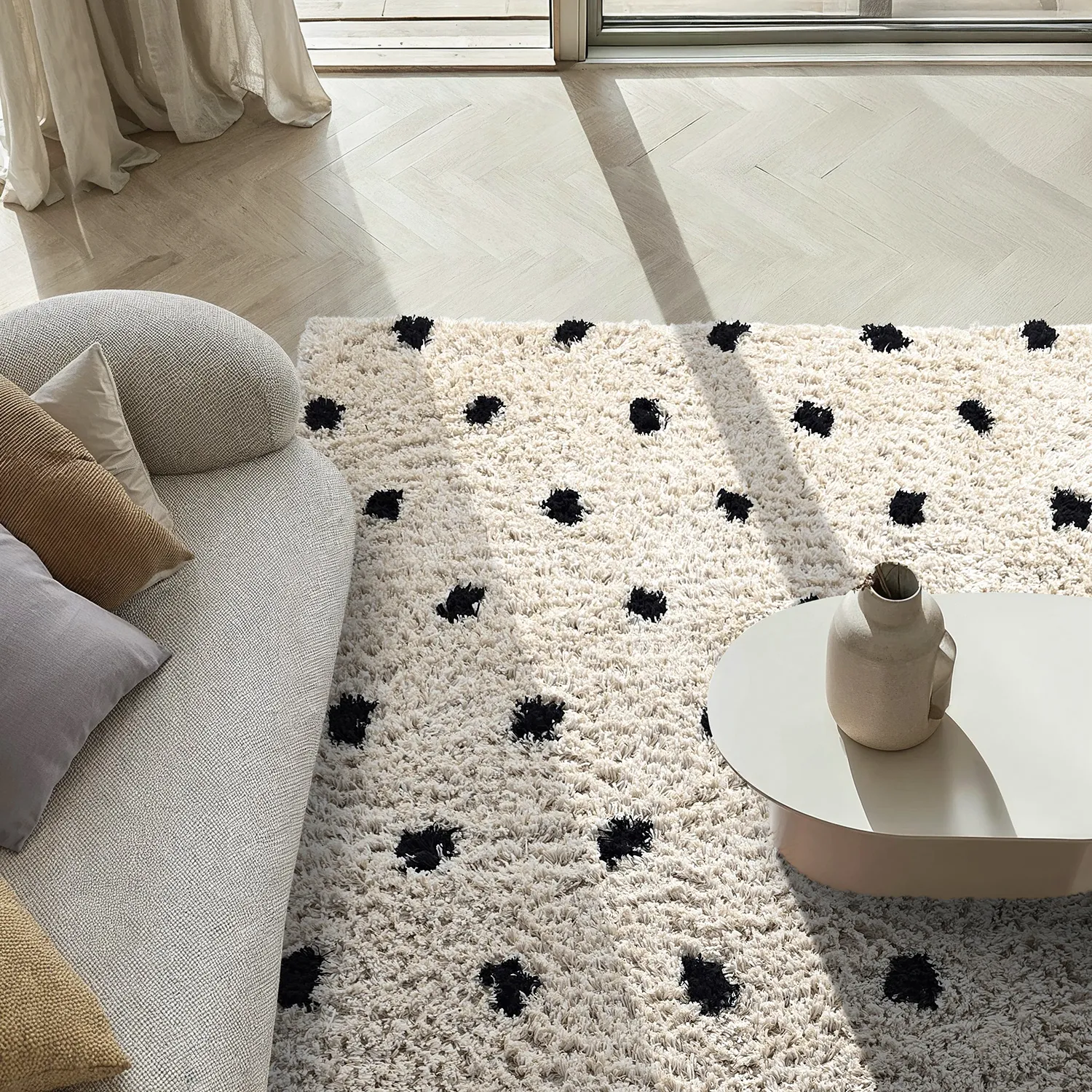 Hoogpolig vloerkleed - Soria Natural Cotton Shaggy (off-white/zwart)