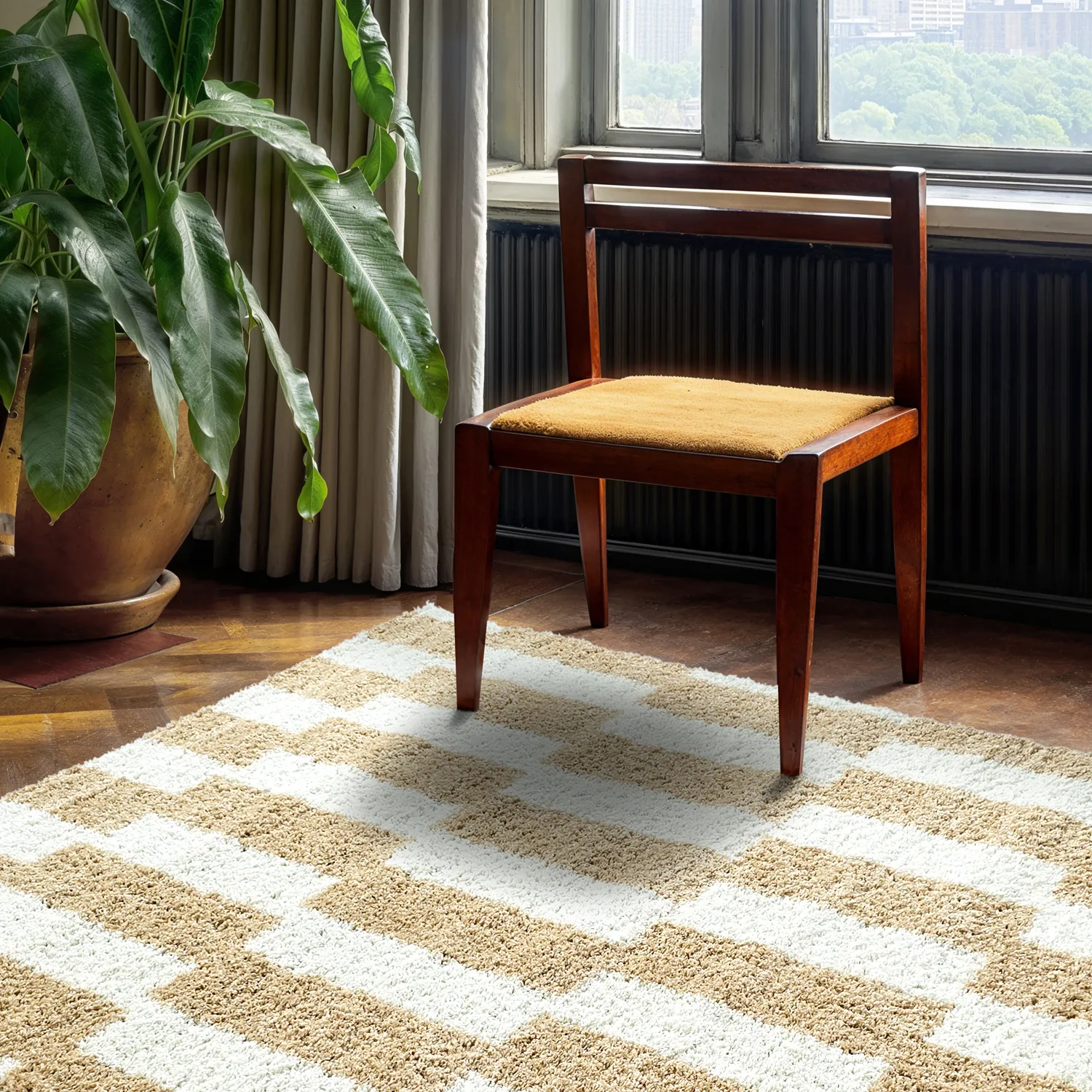 Hoogpolig vloerkleed - Tamri (beige/wit)