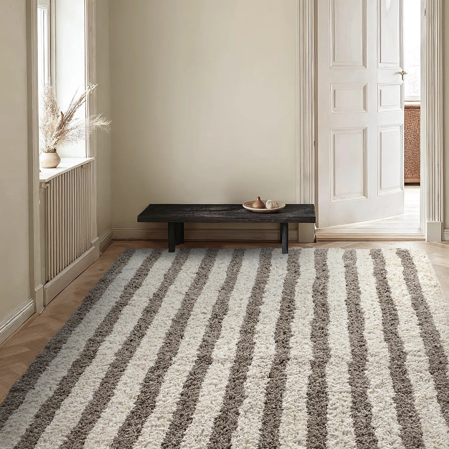 Hoogpolig vloerkleed - Thira Stripe Cotton Shaggy (crème/taupe)