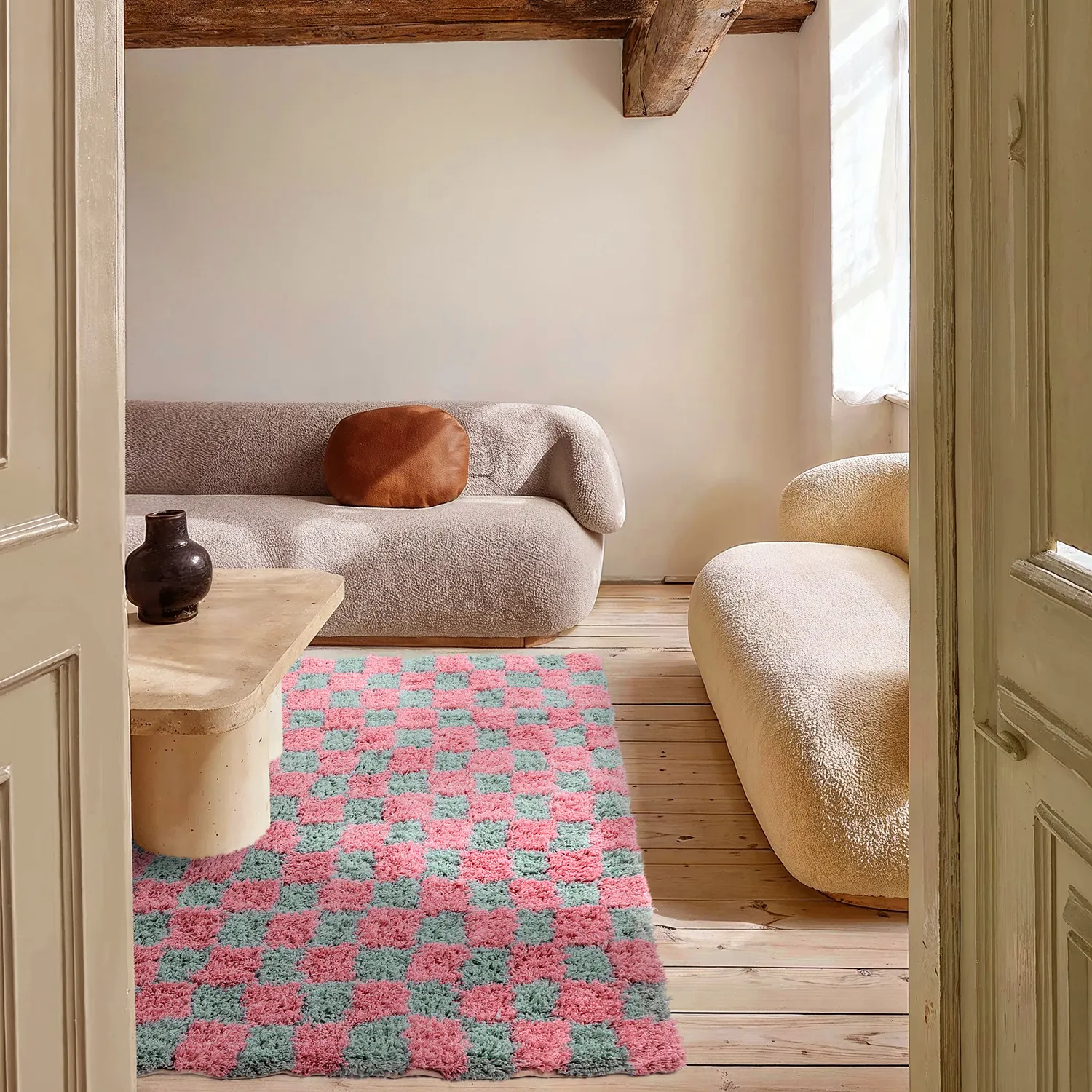 Hoogpolig vloerkleed - Methoni Check Cotton Shaggy (lichtblauw/lichtroze)