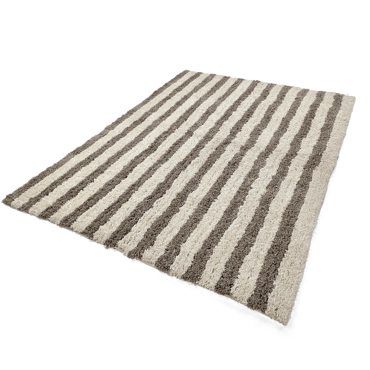 Hoogpolig vloerkleed - Thira Stripe Cotton Shaggy (crème/taupe)
