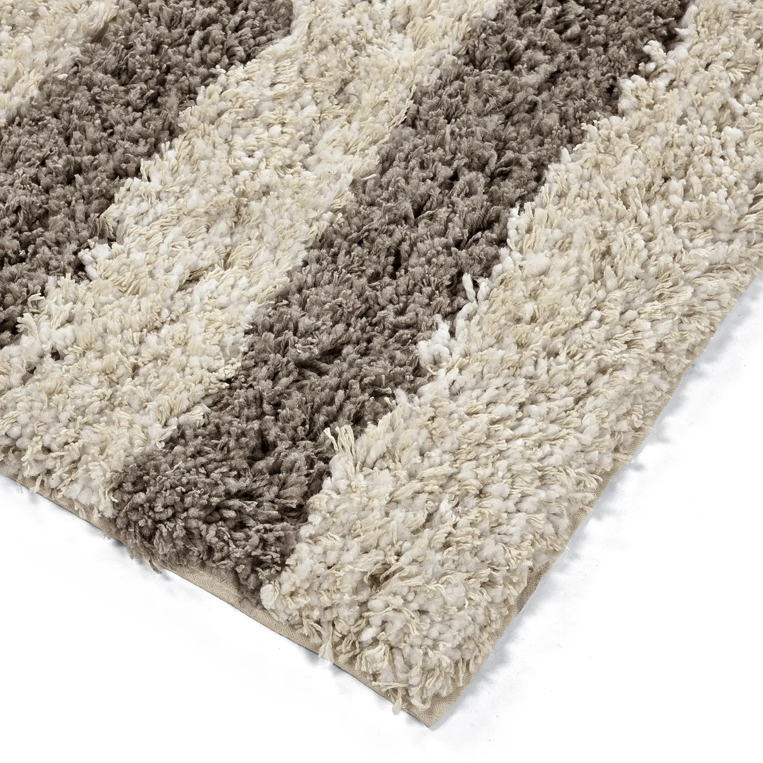 Hoogpolig vloerkleed - Thira Stripe Cotton Shaggy (crème/taupe)