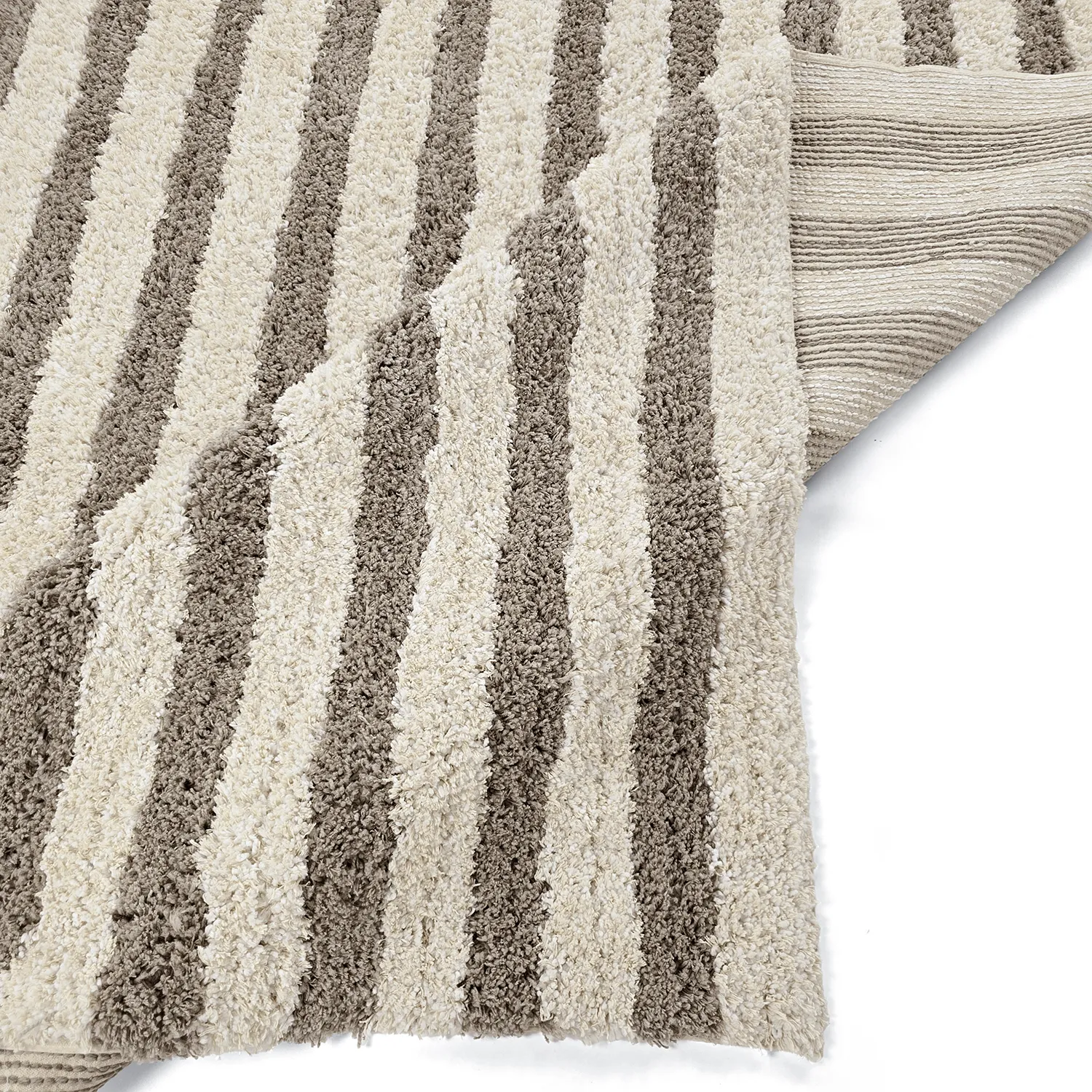 Hoogpolig vloerkleed - Thira Stripe Cotton Shaggy (crème/taupe)