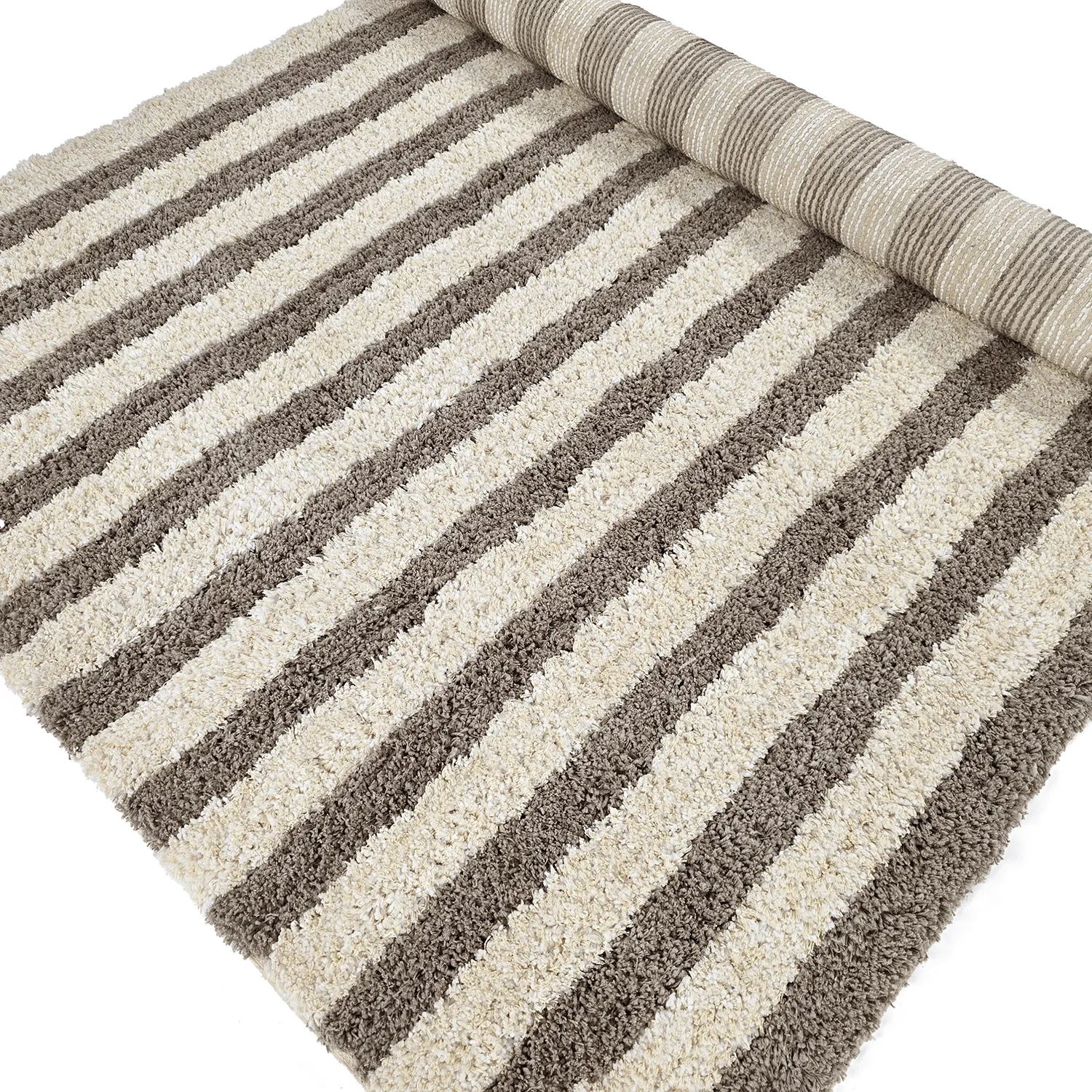 Hoogpolig vloerkleed - Thira Stripe Cotton Shaggy (crème/taupe)