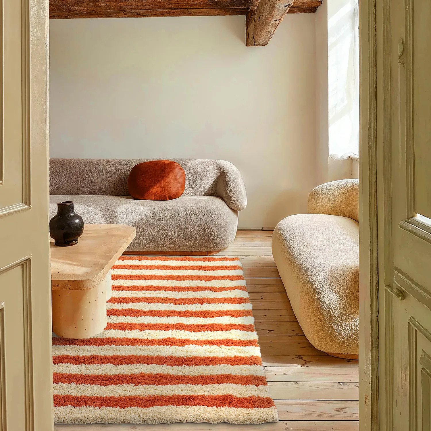 Hoogpolig vloerkleed - Thira Stripe Cotton Shaggy (lichtgeel/lichtoranje)