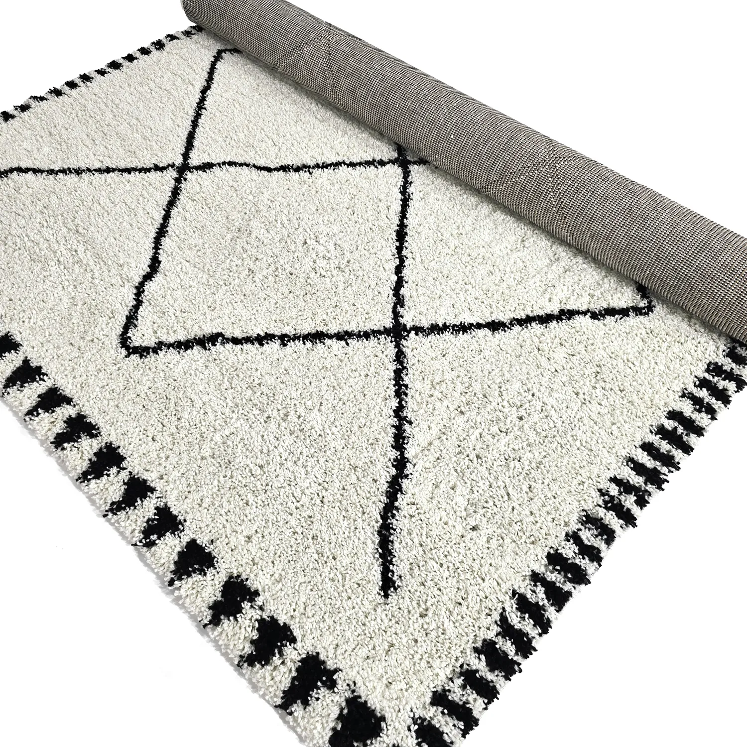 Hoogpolig vloerkleed - Tiznit (wit/zwart)