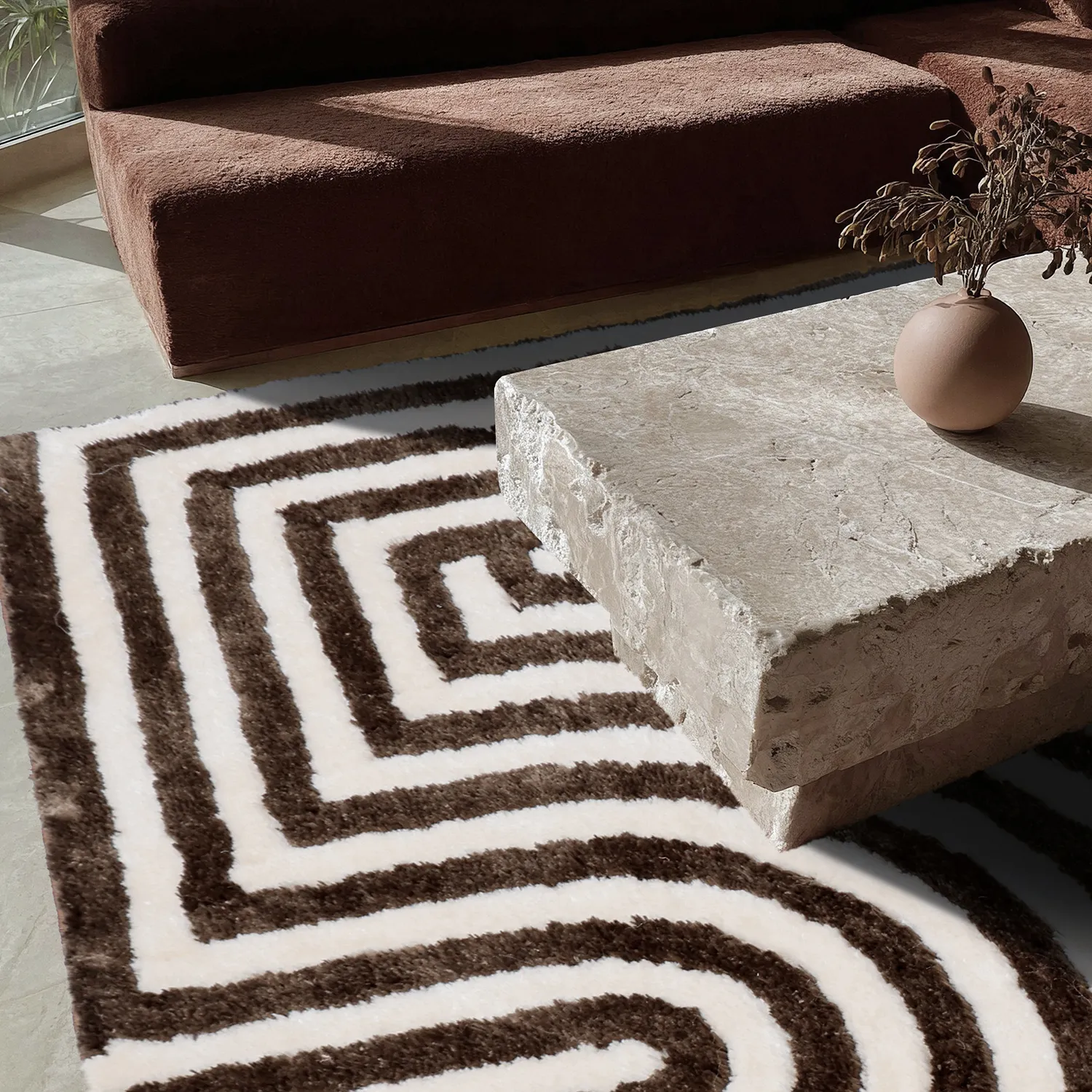 Hoogpolig vloerkleed - Volos (crème/bruin)