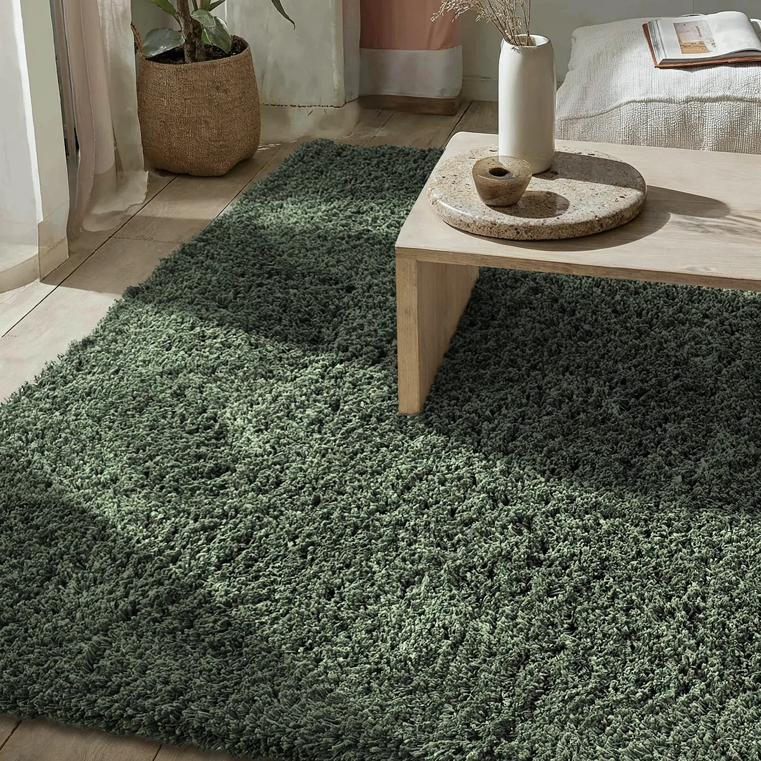 Hoogpolig vloerkleed - Combarro Solid Cotton Shaggy (groente)