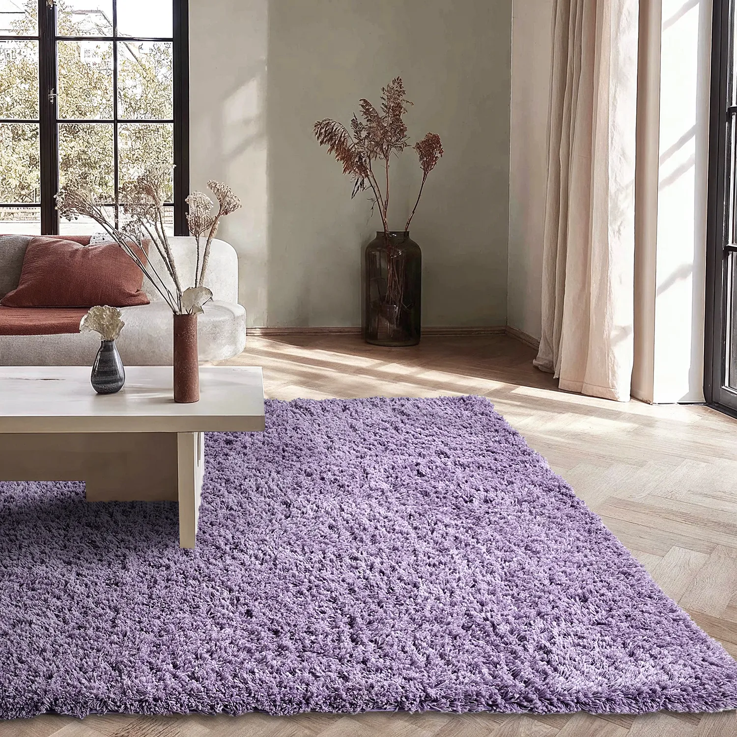 Hoogpolig vloerkleed - Combarro Solid Cotton Shaggy (licht paars)