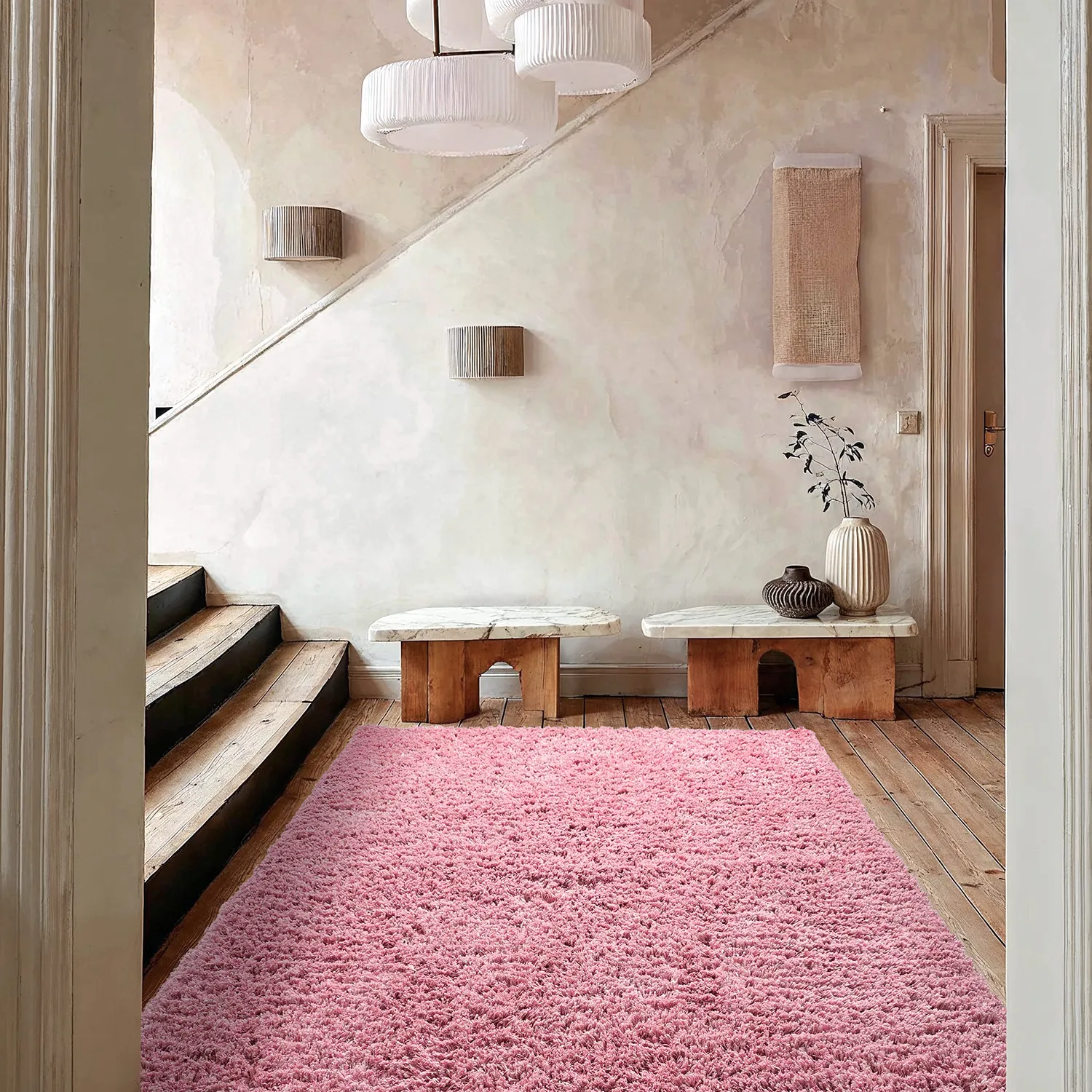 Hoogpolig vloerkleed - Combarro Solid Cotton Shaggy (lichtroze)