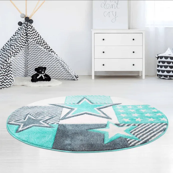 Kindervloerkleed - Bueno Night Stars Rond (turkoois)