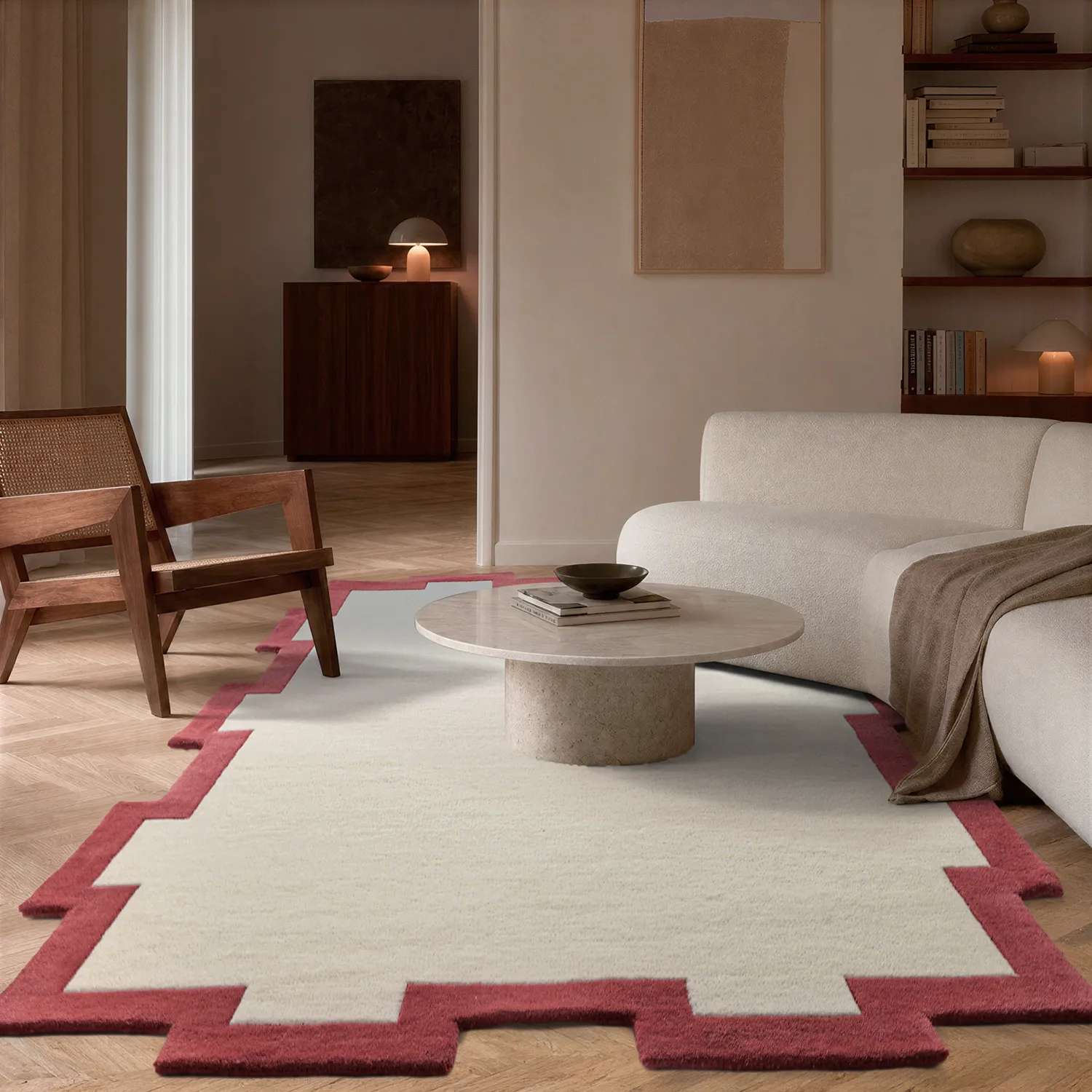 Wollen-vloerkleed - Agra Hand Tufted Wool Premium (crème/rood)