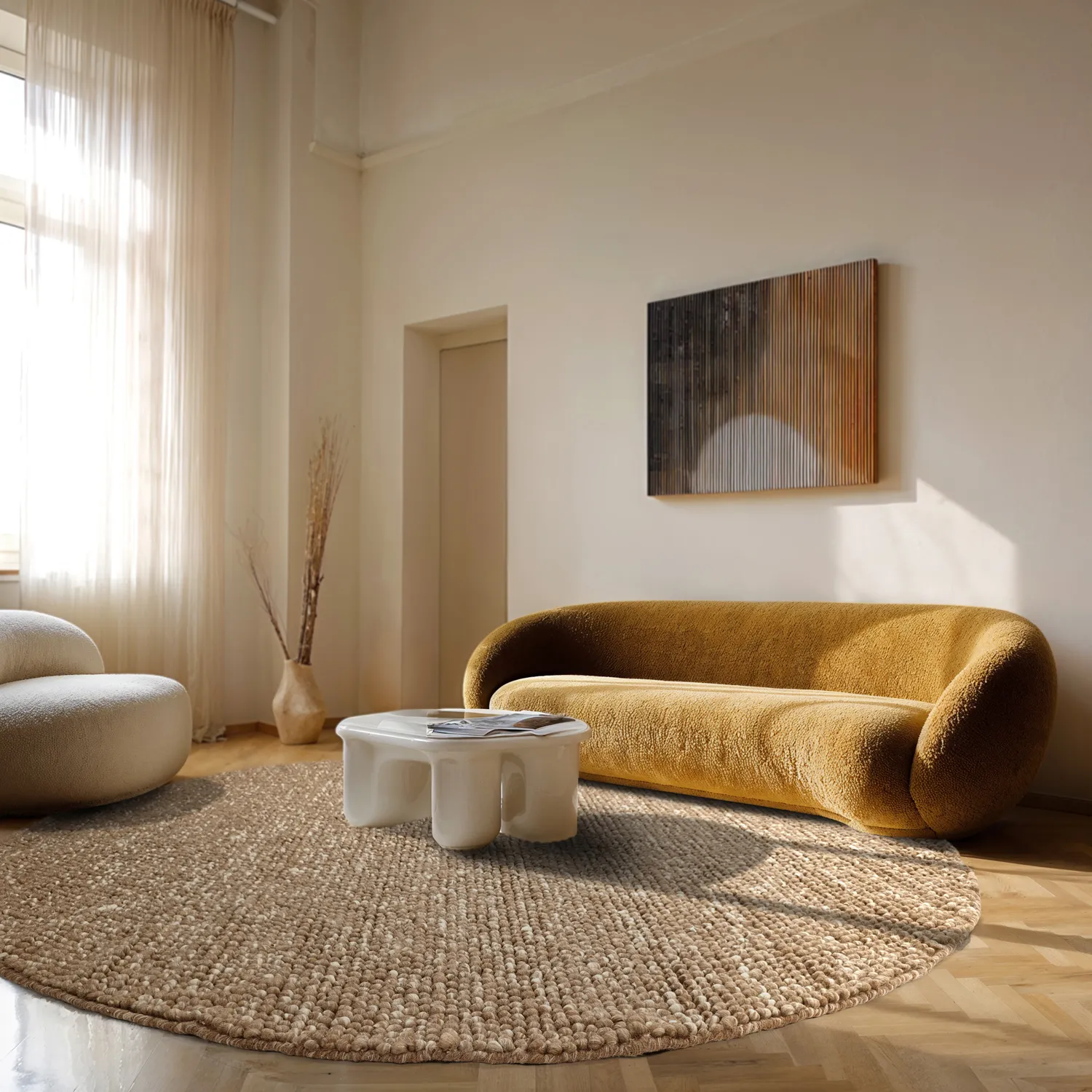 Rond vloerkleed - Avafors Wool Bubble (lichtbruin/wit)