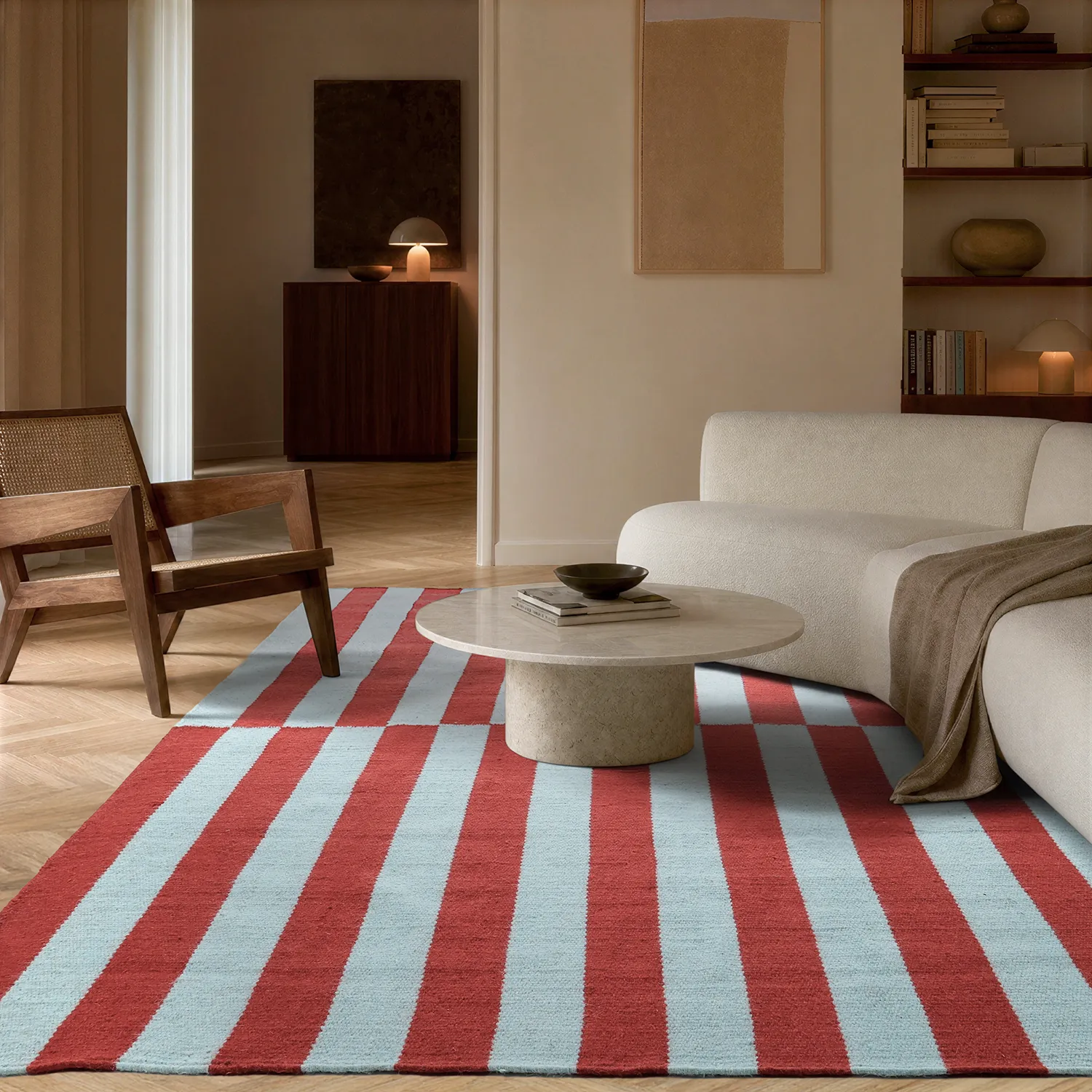 Wollen-vloerkleed - Peniche (lichtblauw/rood)