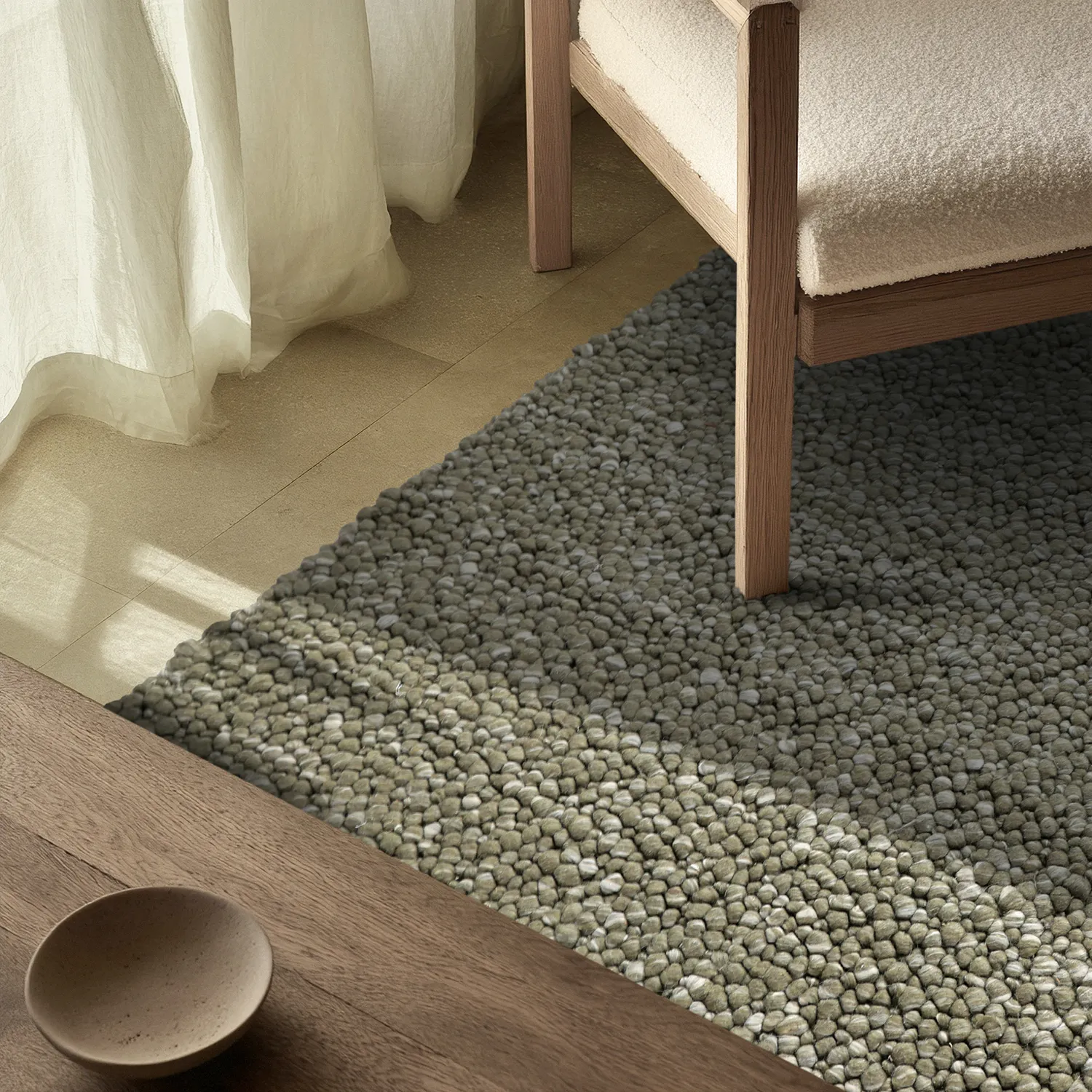 Wollen-vloerkleed - Sala Irregular Wool Bubble (mosgroen/wit melange)