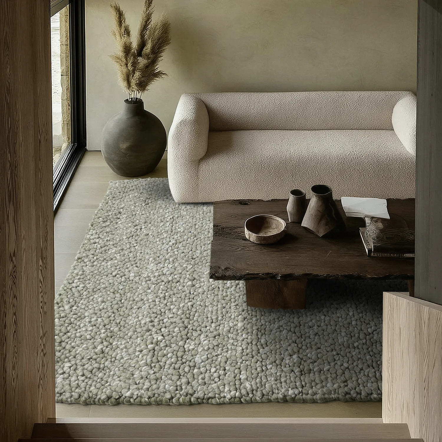 Wollen-vloerkleed - Sala Irregular Wool Bubble (mosgroen/wit melange)