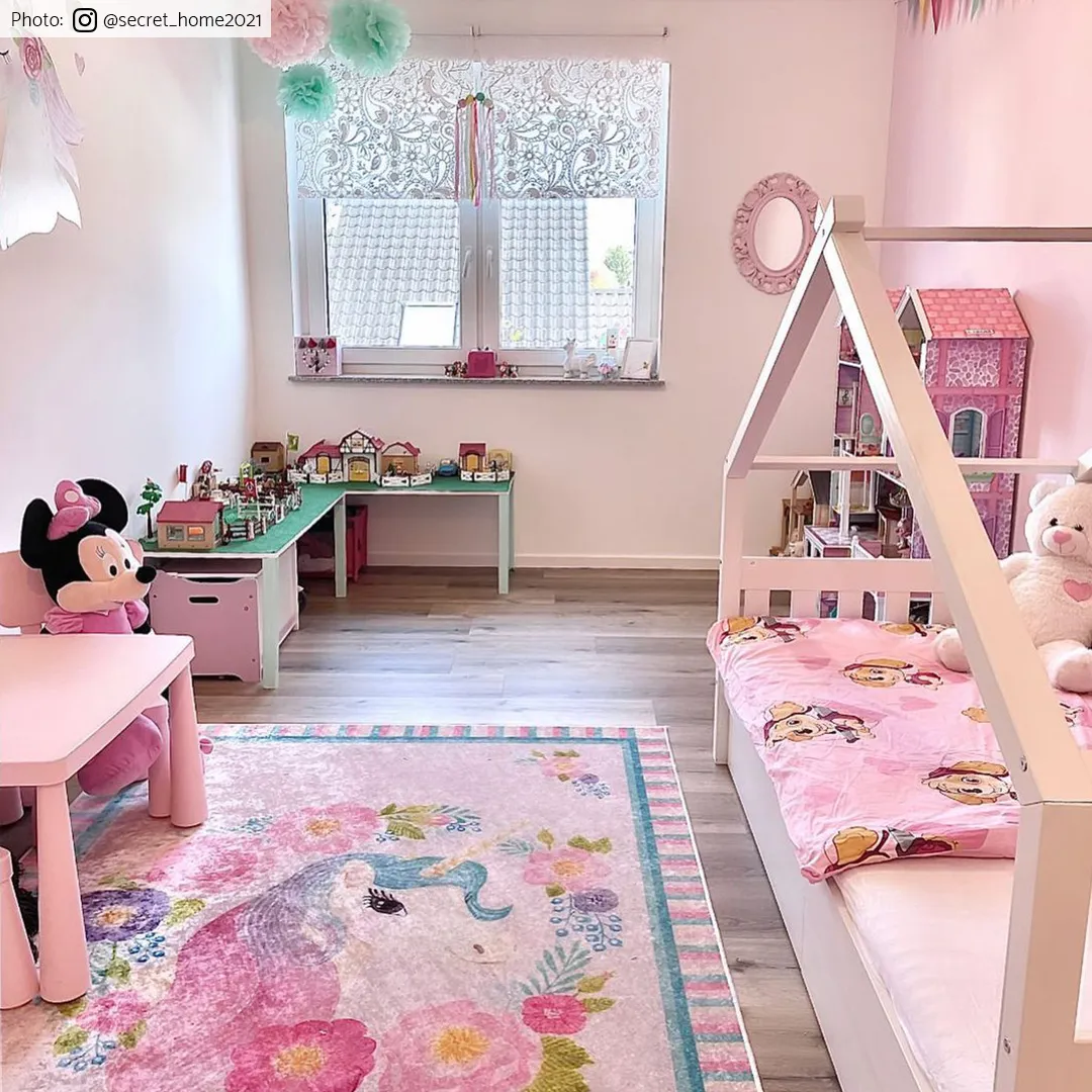 Kindervloerkleed - Unicorn Flowers (roze)