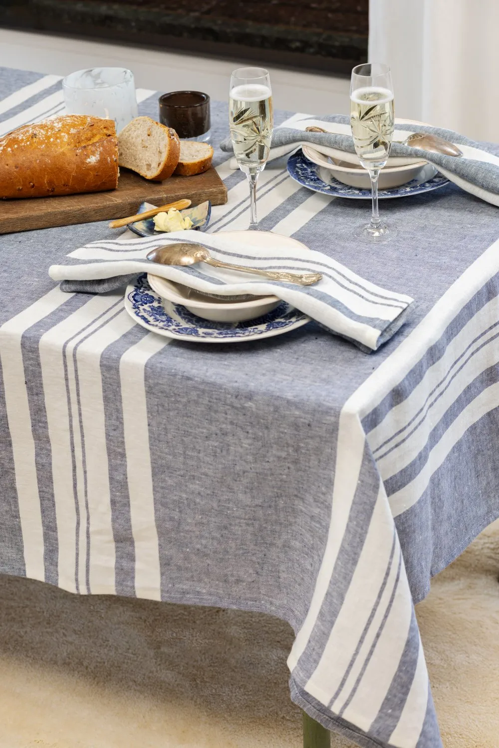 Servetten twee verpakt in linnen - Vera (blauw/wit)