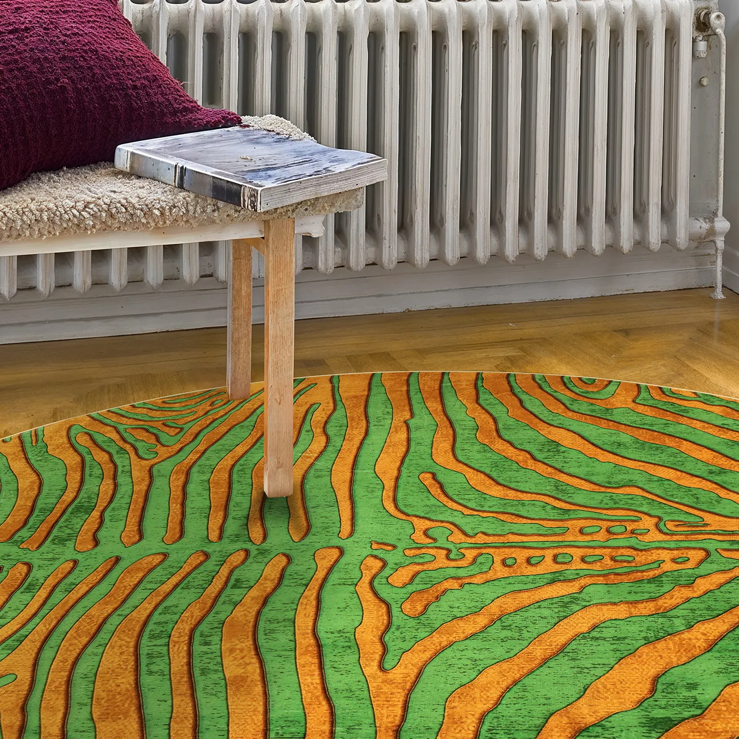 Rond vloerkleed - Zebra (groen/oranje)
